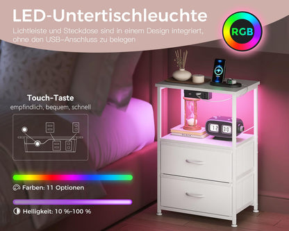 Coleshome Nachttisch Weiss mit LED, 2 USB-Anschlüssen und Steckdose