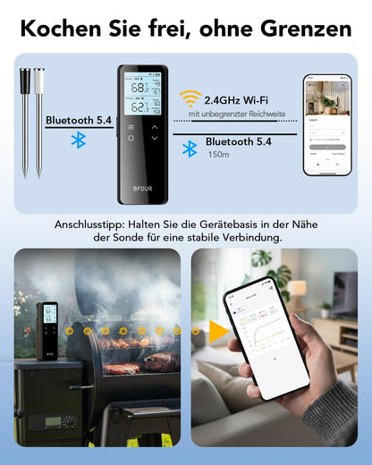 BFOUR BF-80 Fleischthermometer kabellos mit Bluetooth, WLAN, 2 Sonden
