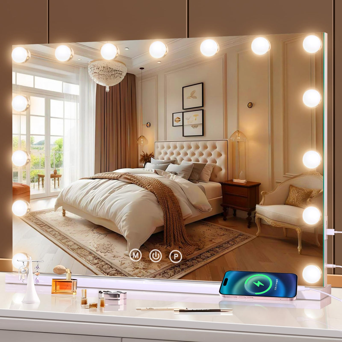 halumao Hollywood Schminkspiegel - 58x48 cm, 15 Lampen. Rechteckiger Spiegel mit umlaufenden LEDs zur idealen Gesichtsausleuchtung für Make-up.