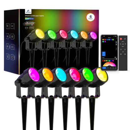 APPECK WiFi Smart Gartenstrahler RGBW – 6 Stück App-Steuerung: 6 schwarze Strahler mit Erdspieß für farbige Gartenakzente.
