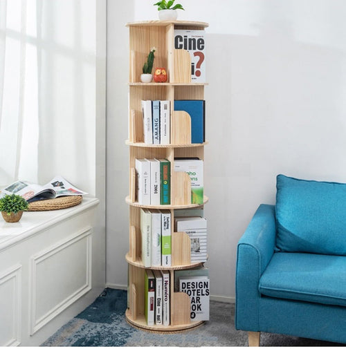 Heehee Massivholz Bücherregal drehbar 360° bodenstehend – 5-stöckig. Für drehbaren Stauraum von Büchern.