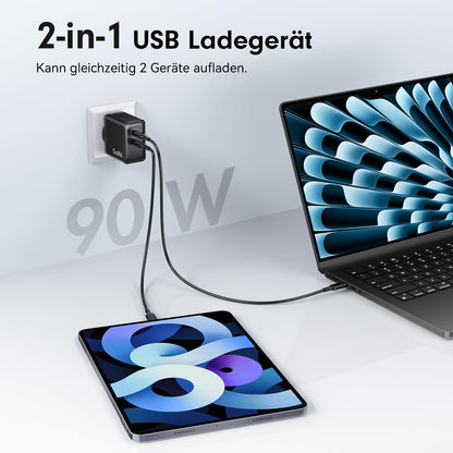HSSNS 90W USB C Ladegerät, 2er-Pack GaN PD Schnellladegerät mit Kabel