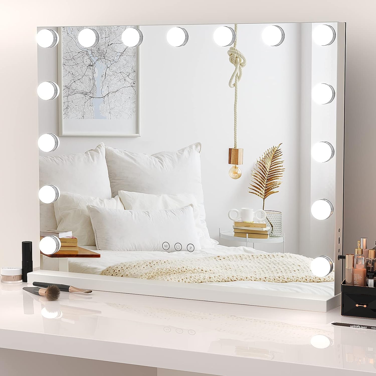 Dripex Hollywood Schminktischspiegel 15 Lichter Touch 58x45 cm Weiss. Beleuchteter Spiegel für Make-up-Anwendung.