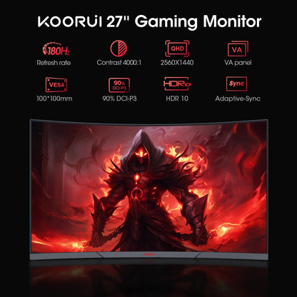 KOORUI Gaming Monitor 27" QHD 180Hz 1ms 1500R Curved