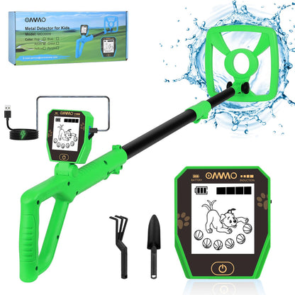 OMMO Metalldetektor für Kinder MD3009, USB-wiederaufladbar, Grün, mit LCD-Display