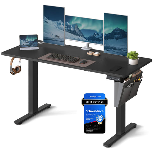 SONGMICS elektrischer Steh-Sitz-Schreibtisch 140x60cm, tintenschwarz. Höhenverstellbarer Arbeitsplatz für ergonomische Haltung.