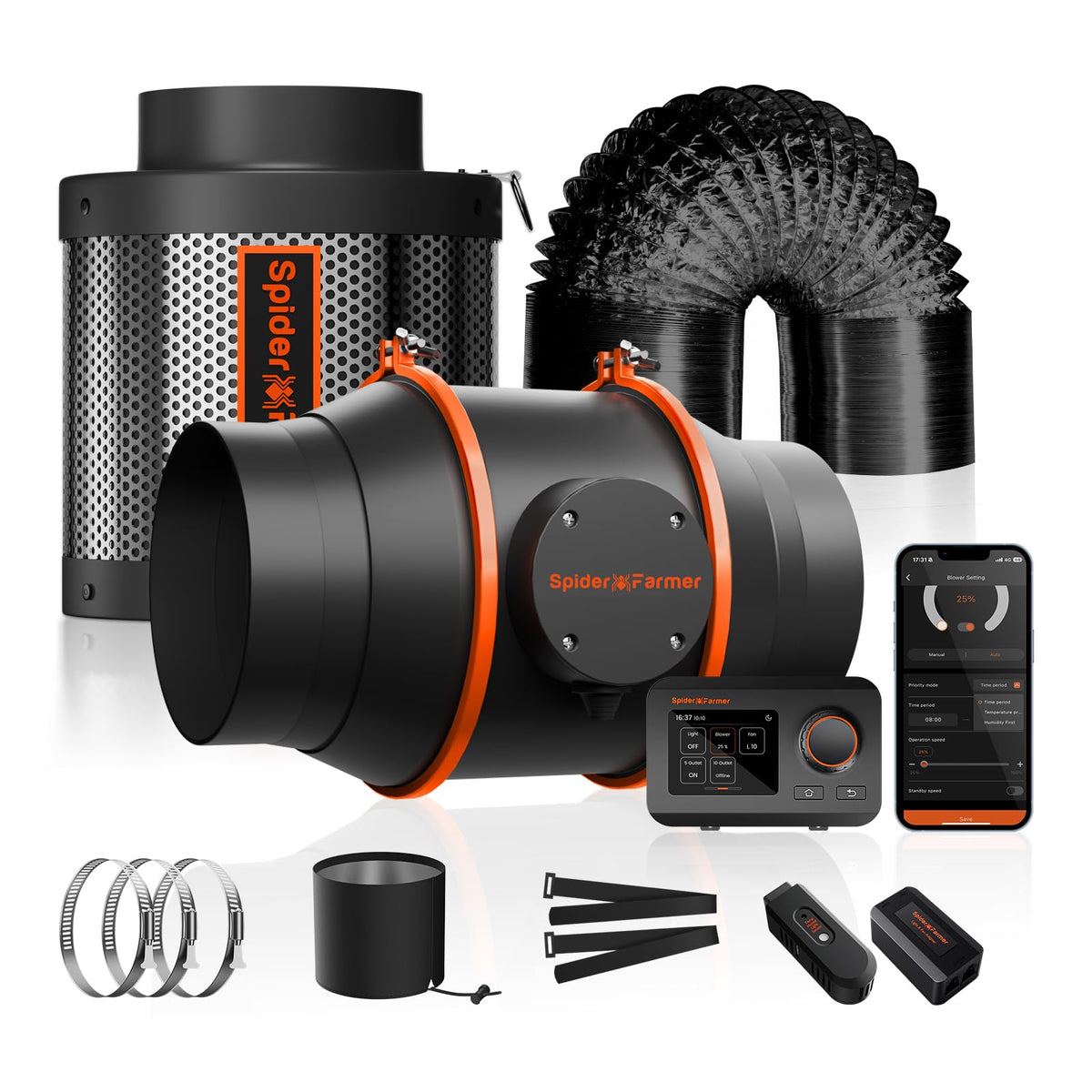 Spider Farmer Abluftset 150mm GGS WiFi Controller – Growzelt. Set mit Rohrventilator, Abluftschlauch und WiFi-Controller.