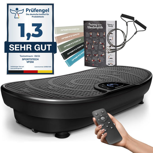 Sportstech VP250 Vibrationsplatte - Muskelaufbau & Fitness. Rechteckige, schwarze Platte für Muskelaufbau und Ganzkörpertraining.