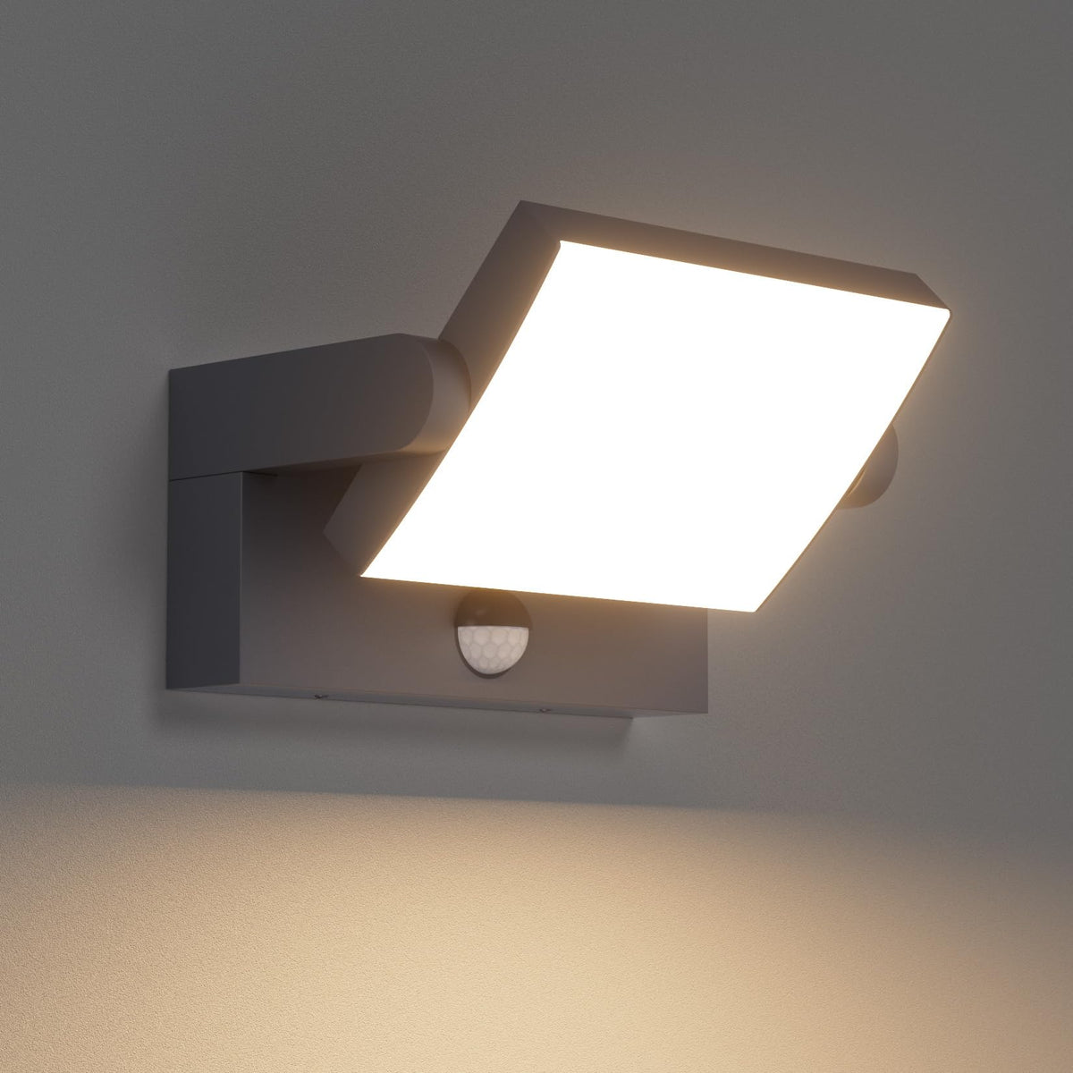 Klighten Aussenwandleuchte 24W Bewegungsmelder Anthrazit Warmweiss, rechteckig, beleuchtet Aussenbereiche sensorgesteuert mit warmweissem Licht.