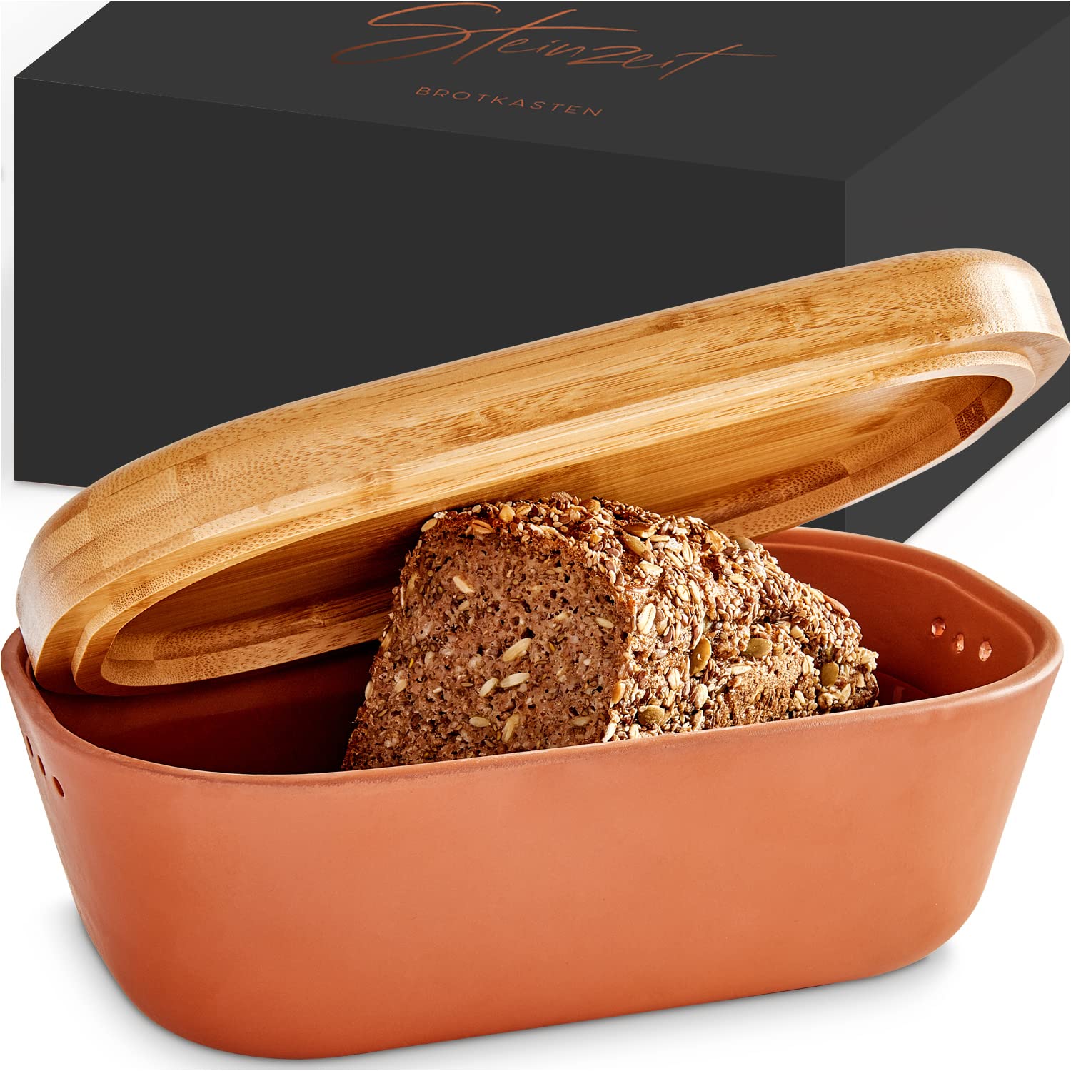 Steinzeit Design Brotkasten - Keramik mit Bambusdeckel. Keramikbehälter mit hellbraunem Bambusdeckel. Bewahrt Backwaren frisch.