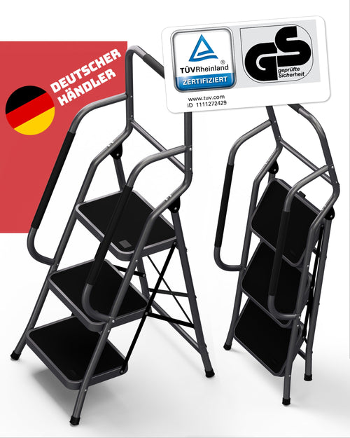 Sicherheitsleiter für Senioren 3 Stufen Klappbar – Handlauf Anthrazit. Robuste Leiter mit Griff für sicheren Stand.
