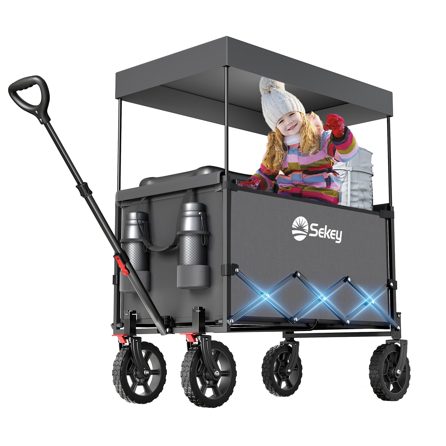 Sekey Bollerwagen S4018 Faltbar XXL Grau mit Dach. Großer, grauer Transportwagen mit klappbarem Gestell und Sonnendach für Ausflüge.