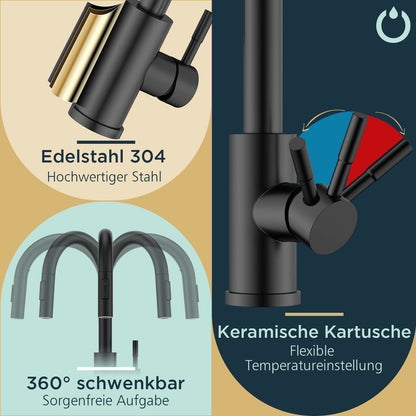 FORIOUS Küchenarmatur Schwarz mit ausziehbarer Brause, 360° schwenkbar
