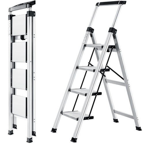 XinSunho Stufenleiter 4 Stufen klappbar – Alu, Ablage, Handlauf. Eine klappbare Aluminiumleiter mit 4 Trittstufen, Ablage und Handlauf. Steighilfe für erhöhte Arbeitshöhen.