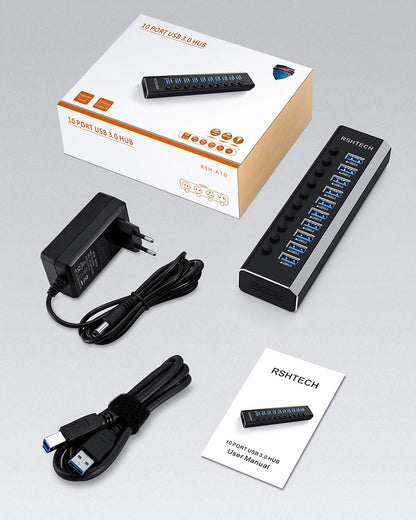 RSHTECH USB 3.0 Hub aktiv 10-Port Aluminium mit 36W Netzteil, RSH-A10