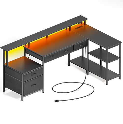 Rolanstar L-förmiger Schreibtisch reversibel mit Schubladen 163cm. Brauner L-Schreibtisch mit Schubladen; flexibler Arbeitsplatz für Büro & Home-Office.