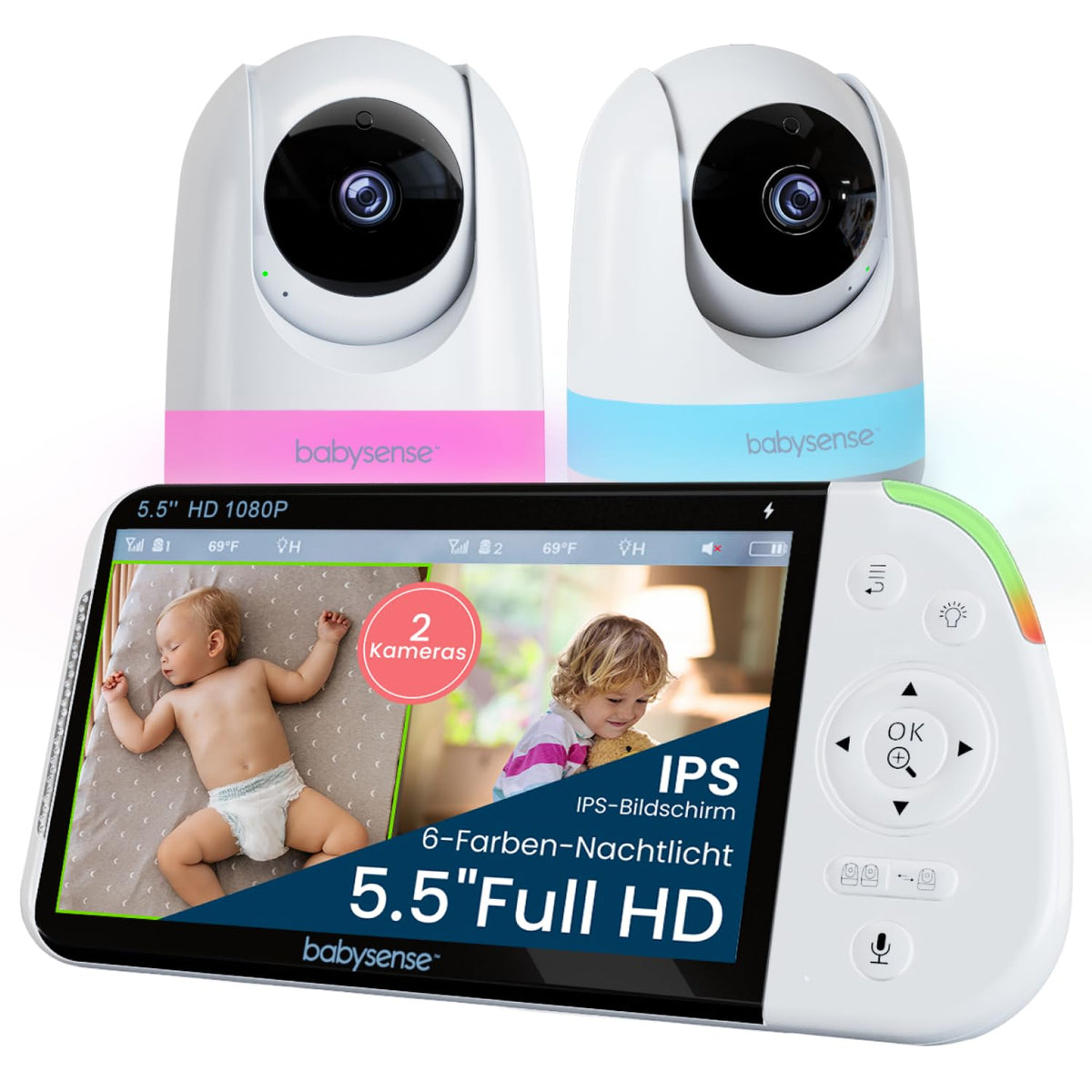 Babysense Babyphone mit 2 Kameras, Full HD Split-Screen, Nachtlicht und Elterneinheit mit grossem Display