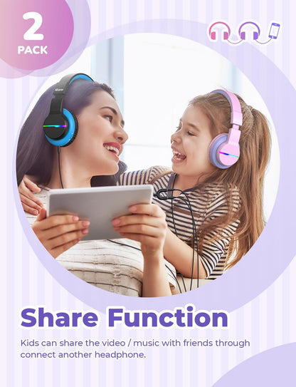 iClever BTH12 Kinder-Kopfhörer Bluetooth Over-Ear mit LED, 2er-Pack