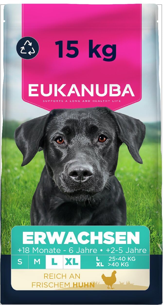 Eukanuba Trockenfutter mit frischem Huhn für grosse Rassen, 15 kg, sechseckige Kroketten