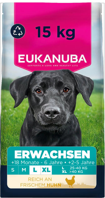 Eukanuba Trockenfutter mit frischem Huhn für grosse Rassen, 15 kg, sechseckige Kroketten