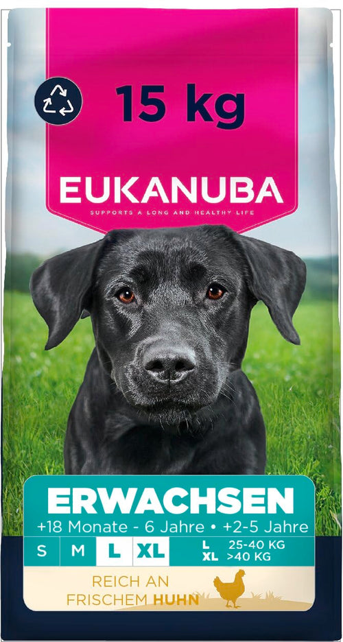 Eukanuba Trockenfutter mit frischem Huhn für grosse Rassen, 15 kg, sechseckige Kroketten