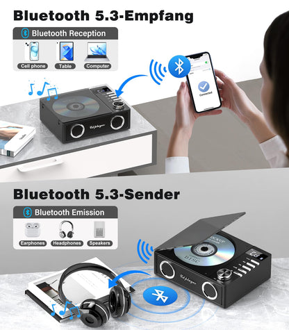 Greadio CD19 Tragbarer CD-Player mit Bluetooth 5.3 und 4000-mAh-Akku