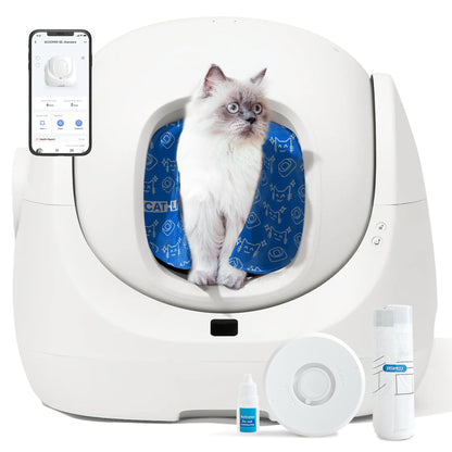 CATLINK Baymax Selbstreinigendes Katzenklo - XXL Smart: Weißes Gehäuse mit runder Eingangsöffnung. Automatische Trennung von Streu und Exkrementen ins Abfallfach.
