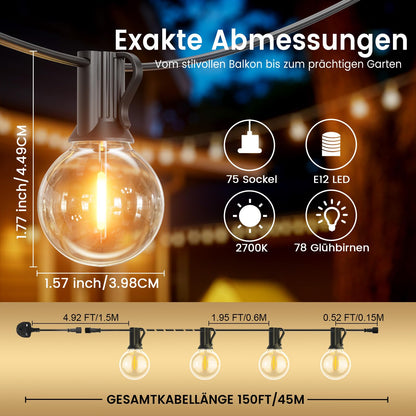 LONIUTO LED Lichterkette Outdoor 45 m mit 75 G40 Birnen, IP45