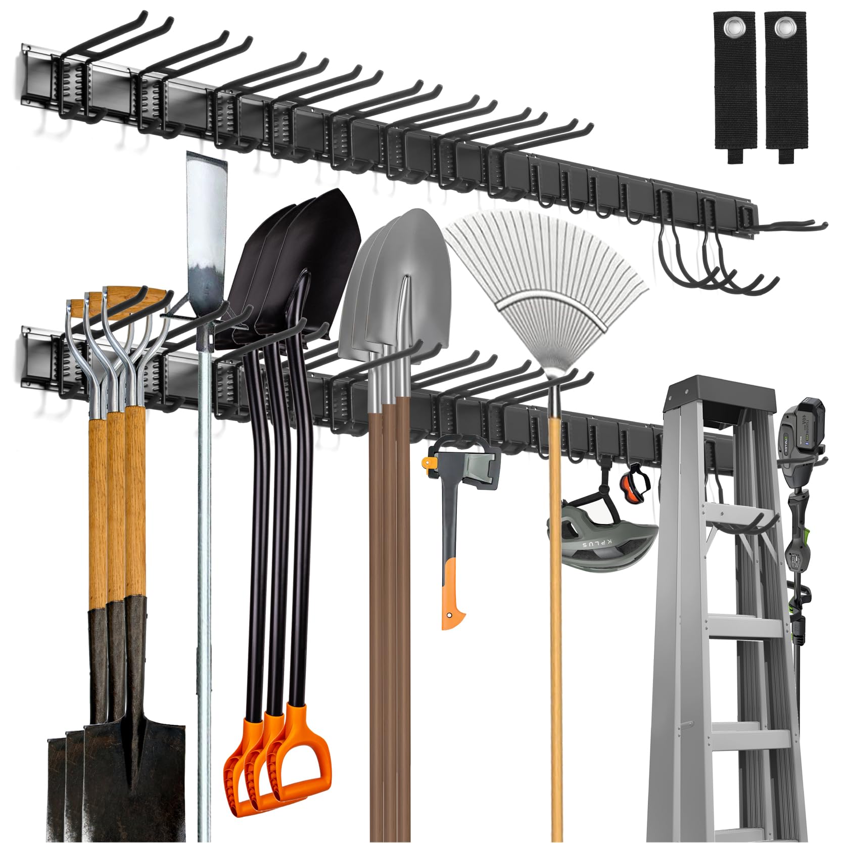 Garten & Werkzeug Organizer Wandhalterung – 80 Zoll. Schwarze, lange Schiene. Dient der geordneten Lagerung von Werkzeugen und Gartengeräten.