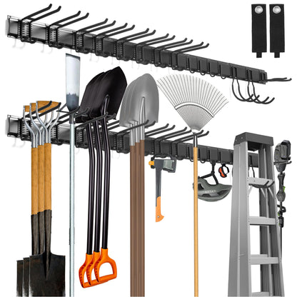 Garten & Werkzeug Organizer Wandhalterung – 80 Zoll. Schwarze, lange Schiene. Dient der geordneten Lagerung von Werkzeugen und Gartengeräten.
