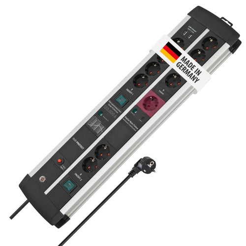 Brennenstuhl Premium-Protect-Line Gaming Steckdosenleiste 14-Fach 2x USB. Längliche Steckdosenleiste für Gaming-Setups. Bietet Stromversorgung und Überspannungsschutz.