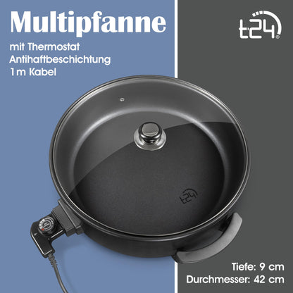 Ecolle Elektrische Pizzapfanne 42 cm, 1500 W mit Glasdeckel