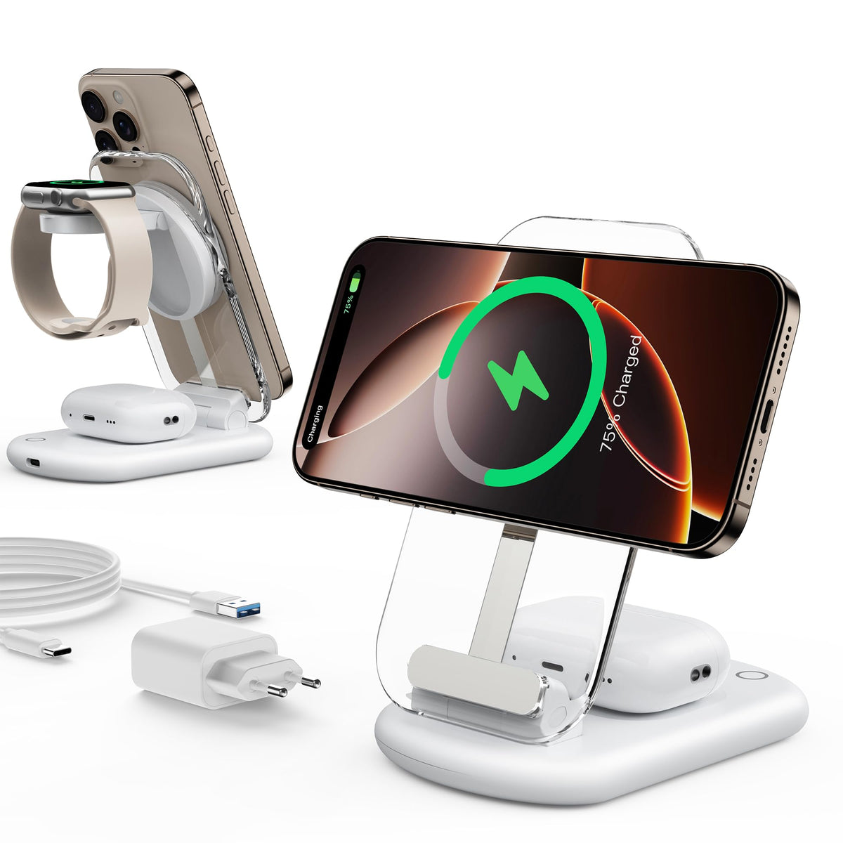 Mukiya Mag Safe Ladestation 3 in 1 für iPhone, Apple Watch und AirPods, faltbar, mit Nachtlicht