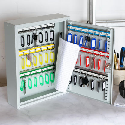 HMF Schlüsselschrank aus Stahl, abschliessbar, 42 Haken, Lichtgrau