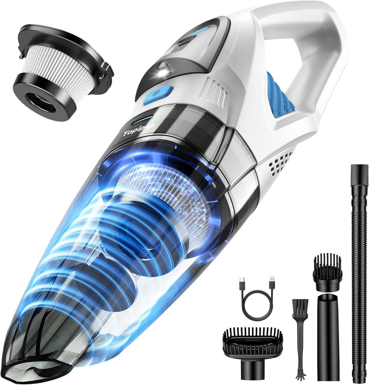 Topipop Akku-Handstaubsauger GV09 mit HEPA-Filter, weiss – handliche Bauform, inklusive drei Aufsätzen