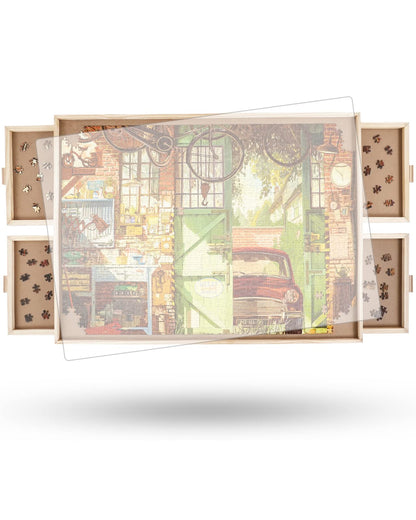 Profi drehbares Puzzlebrett 1500 Teile mit Schubladen & Abdeckung. Rechteckig. Zum Sortieren, Bauen & Aufbewahren von Puzzles.
