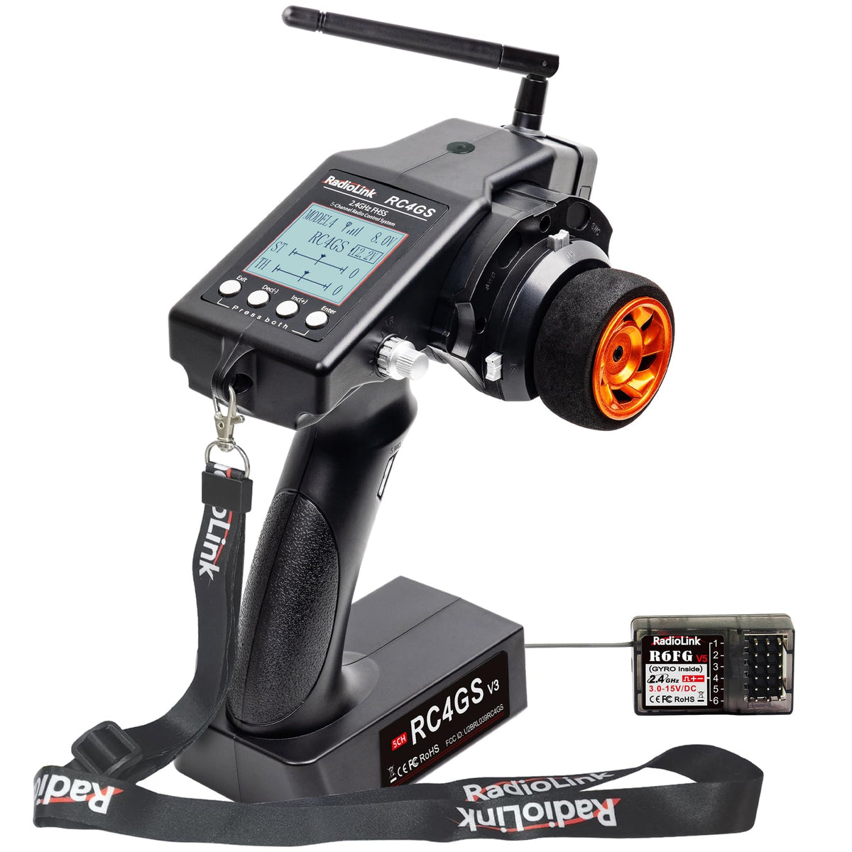 Radiolink RC4GS V3 RC Fernsteuerung 5 Kanäle mit Gyro R6FG: Schwarze Pistolengriff-Fernbedienung mit Display. Steuert RC-Modelle; Gyroskop im R6FG-Empfänger stabilisiert die Fahrt.