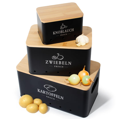 GREELUE Kartoffel-Aufbewahrungsbox 3er Set für Zwiebeln & Knoblauch, schwarz, mit Belüftungslöchern