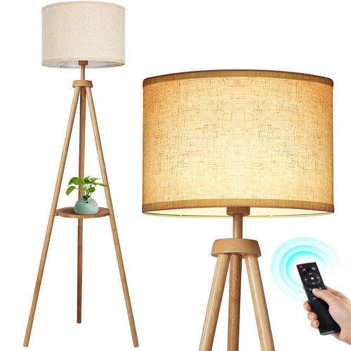 OUTON LED Stativ Stehleuchte Holz Regal - Beige Schirm. Dreibein-Stehleuchte aus Holz mit beigem Textilschirm und Ablagefläche zur Raumbeleuchtung.