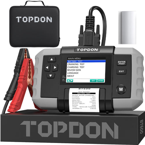 TOPDON BT600 Digitaler KFZ Batterietester 12V 24V mit Drucker: Schwarzes Handgerät zur Batteriediagnose für 12V/24V Fahrzeuge.