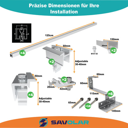 SAVOLAR Solarmodul Montageset Ziegeldach – für 2 Paneele Edelstahl