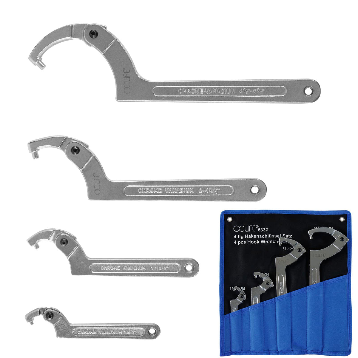 CCLIFE Gelenk-Hakenschlüssel Set 4-teilig, verstellbar, 19–170 mm