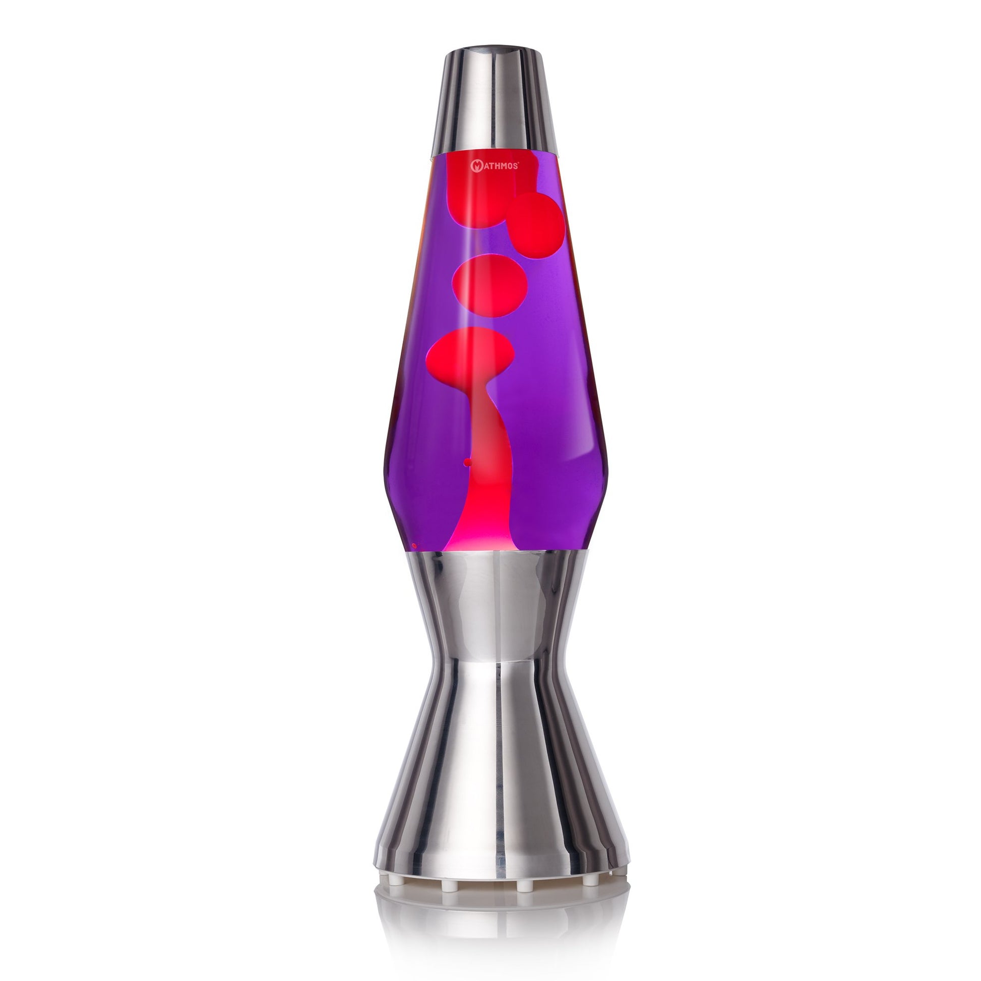 Mathmos Astro Dekorative Lavalampe Das Original - Violett/Rot. Konisch, silbernes Gehäuse. Wärme erzeugt flüssige Wachsbewegung zur dekorativen Beleuchtung.