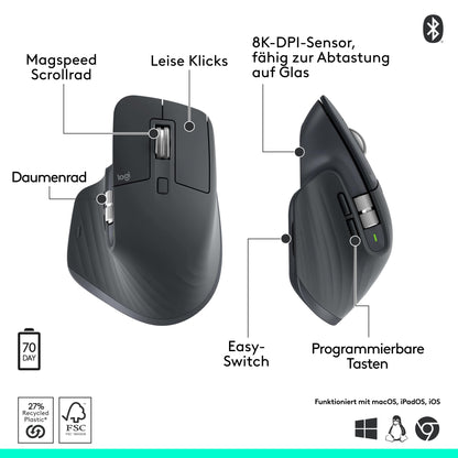 Logitech MX Master 3S Bluetooth-Maus, ergonomisch, 8K DPI, Grafit