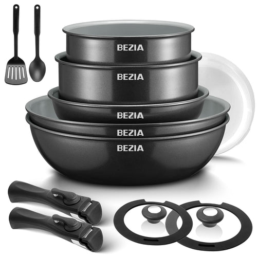 BEZIA Pfannen- & Topfset 13-tlg Induktion - abnehmbare Griffe, rund, metallic-schwarz. Kochen auf Induktion.
