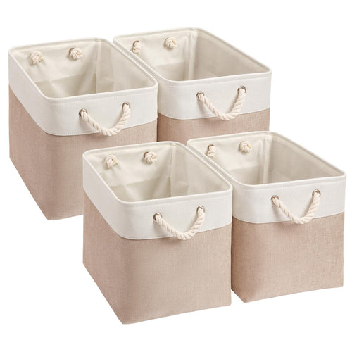 Mangata Aufbewahrungsbox Stoff 33x38x33 cm khaki-weiss 4er Pack – faltbare Box aus Stoff mit Metallrahmen