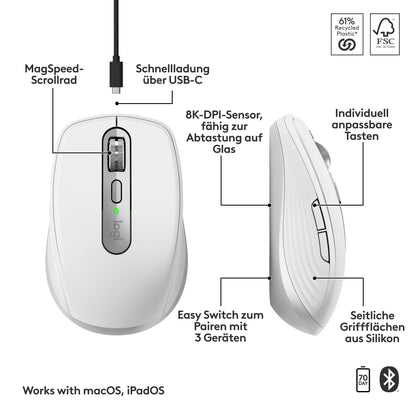 Logitech MX Anywhere 3S for Mac – kabellose Bluetooth-Maus, Hellgrau