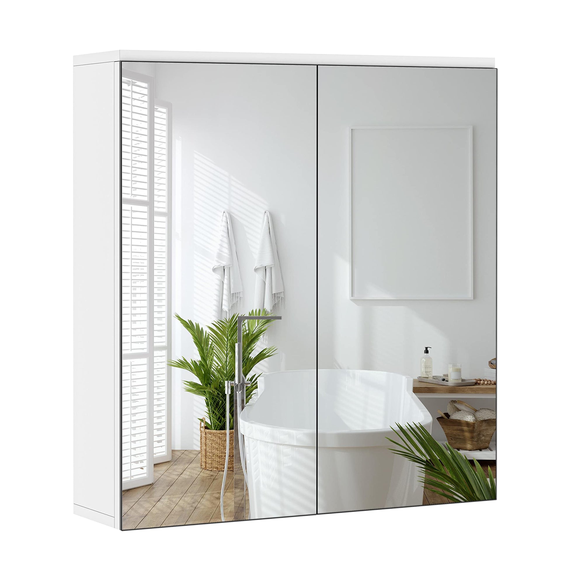 Yaheetech Spiegelschrank Bad Hängeschrank mit 2 Spiegeltüren, weiß, rechteckig, zur Wandmontage, bietet Stauraum für Hygieneartikel.