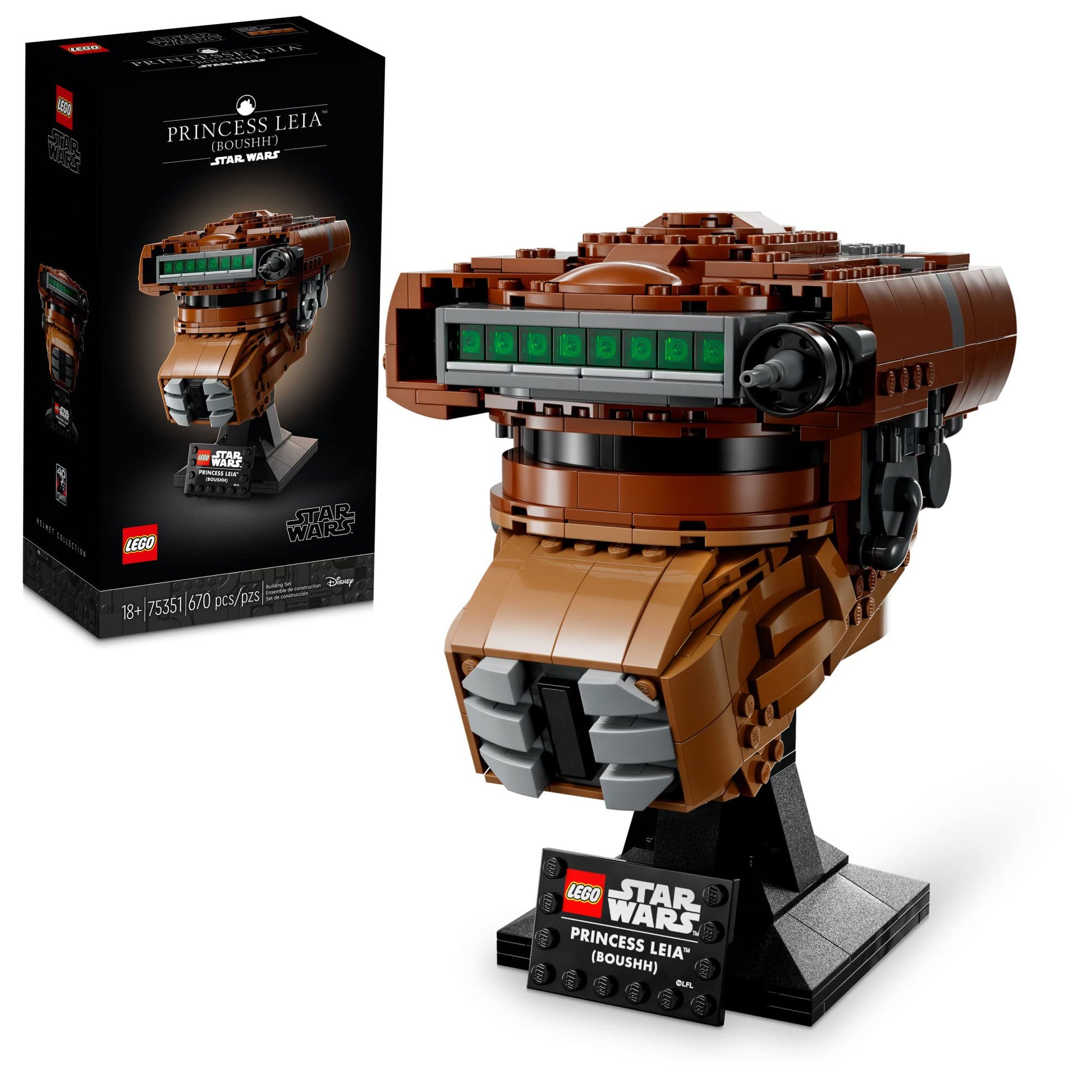 LEGO Star Wars Princess Leia (Boushh) Helm Set für Erwachsene 75351: Dunkelgrau-bronzenes Helm-Displaymodell mit Visier.