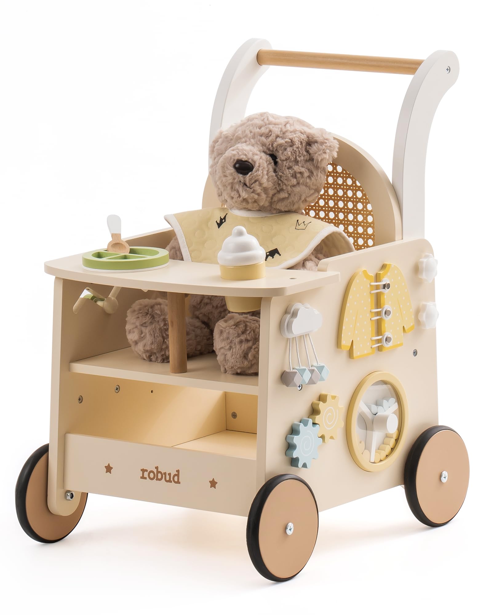 ROBUD Holz Lauflernwagen 2-in-1 - Puppenwagen Montessori Board. Brauner Holz-Gehwagen mit integriertem Spielbrett für Gehübungen und Spiel.